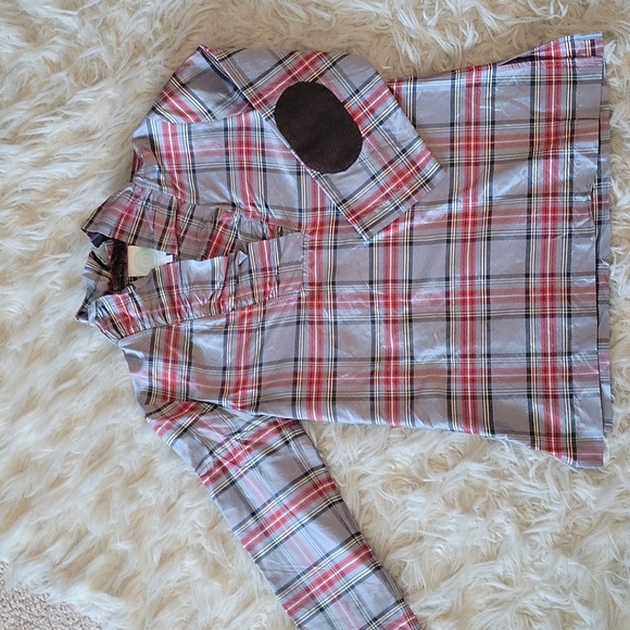 Devon Baer XS Grey Plaid Silk Ruffle Blouse with Suede Elbow Patches - Picture 2 of 6